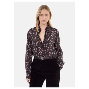 New the Kooples rose field silk floral black blouse size 3 large